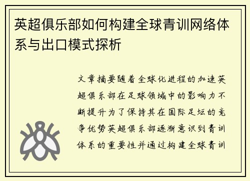英超俱乐部如何构建全球青训网络体系与出口模式探析