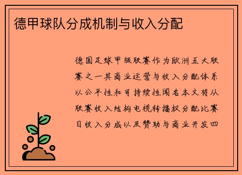 德甲球队分成机制与收入分配